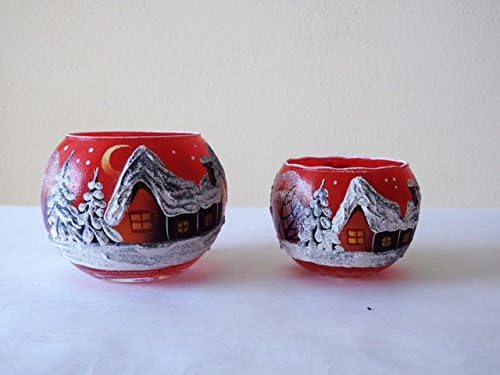 Xmas Gifts 4-Inch Dia Candle Holder + 2.3-Inch Dia Candle Holder, Christmas New Year Design Glass Candleholders, Red Candle Stand, 2-Piece Set