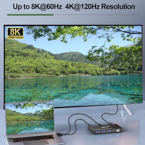 Image of KCEVE KVM Switch 2 Computer 1 Monitor HDMI, KVM Switch 2 Port 8K@60Hz 4K@120Hz, HDMI2.1, HDCP 2.3, HDR 10, 2 Computers Share 1 Monitor Keyboard Mouse, Wired Remote(8K HDMI 2 in 1 Out KVM)
