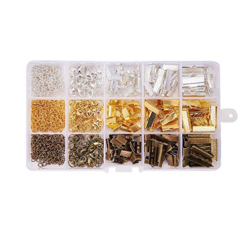 PandaHall Elite 3 Series 420Pcs/Box Jewelry Making Finding Kits of Ribbon Ends Lobster Claw Clasps Jump Rings Cord Ends with Twist Extender Chains in 3 Colors Mixed Sizes