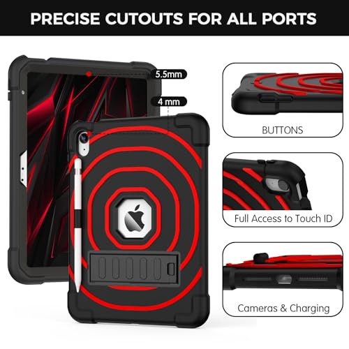 SIBEITU for iPad A16 Case 11th Generation 11 inch 2025 / iPad 10th Generation 10.9 Inch 2022, Rugged Shockproof Military Grade Protective Cover Built-in Kickstand & Pencil Holder (Black+Red)
