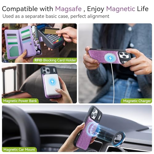 Varikke for iPhone 17 Pro Max Wallet Case Compatible with Magsafe Detachable Magnetic with RFID Blocking Card Holder, Glitter PU Leather Wrist Strap Phone Case for iPhone 17 Pro Max 6.9", Light Purple by Varikke - Used condition - Image 5