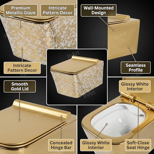 Image of InArt Ceramic Commode Wall Mount /Wall Hung Western Toilet /Water Closet /EWC /WC /European Commode for Bathrooms P Trap Outlet is from Wall with Soft Close Seat Cover Square (Gold Leaf Pattern)
