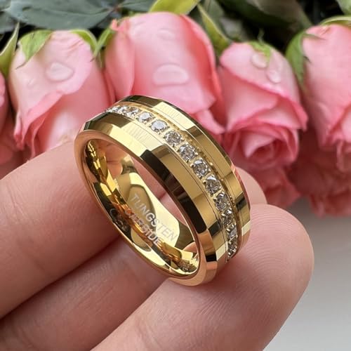 8mm Silver/Black/Gold Tungsten Rings for Men Women Couple Eternity Anniversary Engagement Wedding Bands Fashion Jewelry CZ Stone Inlay Beveled Polished Shiny Comfort Fit2