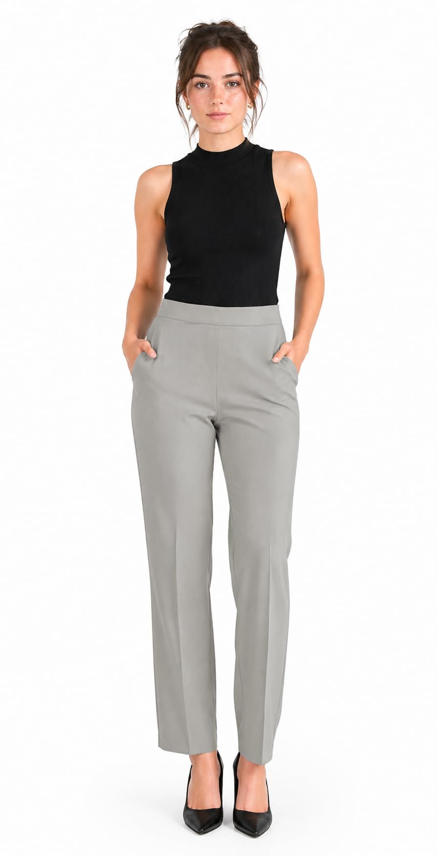 INSAFIANS Ladies Half Elasticated Summer Trousers 3 Leg Length Flexible Stretchy Comfortable Formal Pants (as8, Numeric, Numeric_8, Regular, Long, Silver)