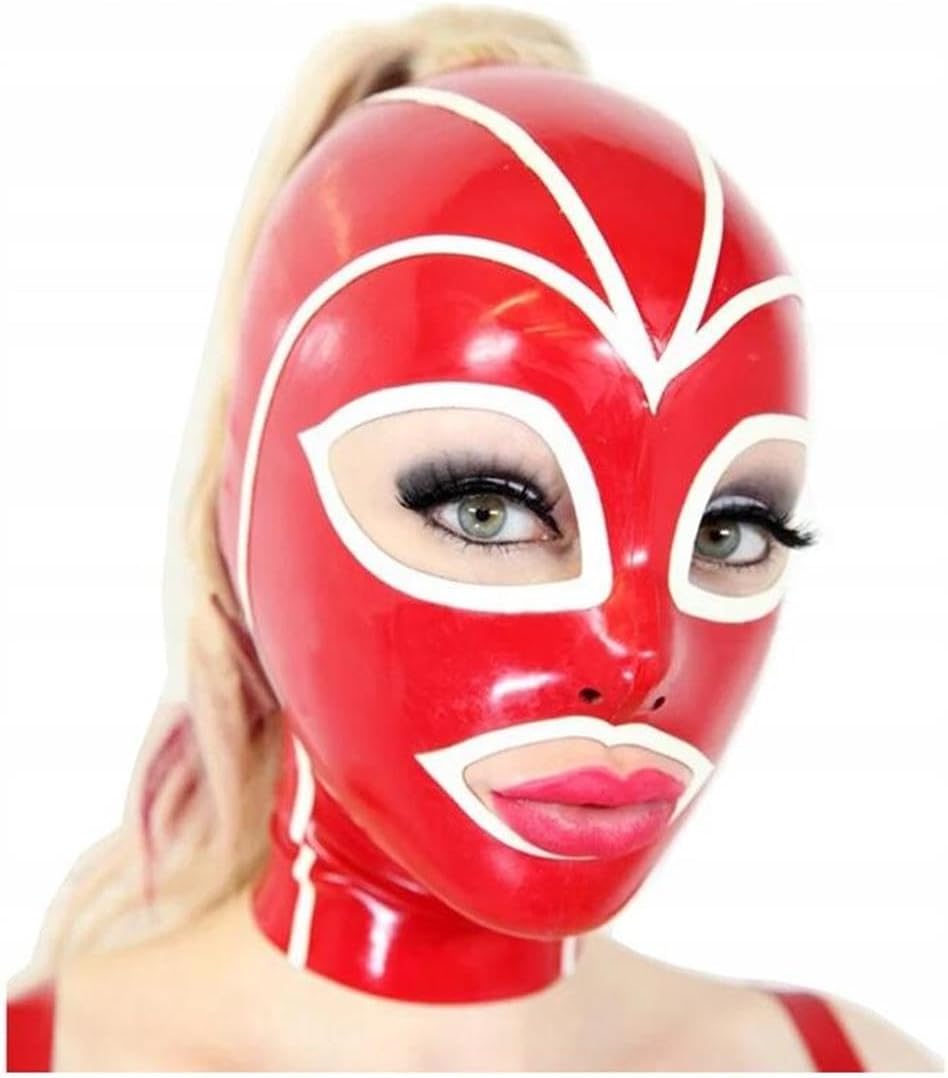 Latex Head Cover with wig,Red Latex Face Hood Rubber HeadMask Latex Party Decorate Mask for Cosplay Club Wear