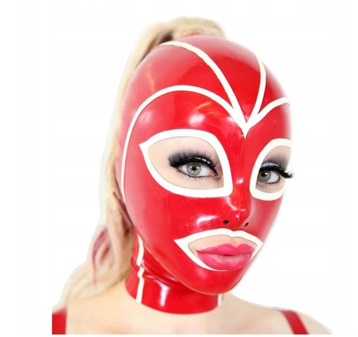 YIYELIY Latex Hood with wig,Rubber Mask Back Zipper latex Head Cover Cosplay Party Masks Men and Women (Red,L)