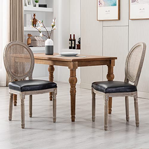 Farmhouse Leather Dining Chairs Set of 2 French Dining Room Chairs with Round Rattan Back Bistro Chairs for Dining Room/Living Room/Restaurant/Kitchen, Brown