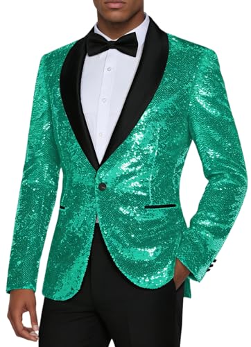 Elionm Mens Tuxedo Suit Set 2 Piece Green Sequin Big and Tall Christmas Suit Jacket Blazer and Black Pants Party Prom Tuxedos Set for Men XS