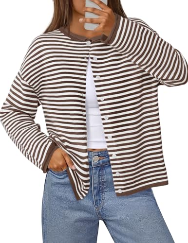 MEROKEETY Womens Striped Cardigan Sweaters 2026 Button Lightweight Long Sleeve Loose Knit Fall Sweater Clothes, Brown, Medium