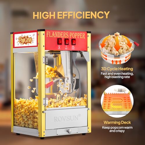 Image of ROVSUN Popcorn Machine with 8 Ounce Kettle Makes Up to 32 Cups, Commercial Popcorn Machine Countertop Popcorn Maker w /Stainless Steel Scoop, Oil Spoon & 3 Popcorn Cups for Home Movie Theater, ETL, Red