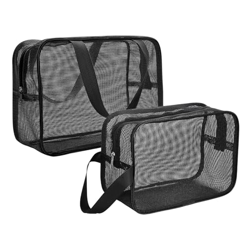 Adorila 2-Piece Mesh Toiletry Bag Set - Large & Medium Zippered Pouches - See-Through Organizer for Travel, Crafts, Gym & Dorm Essentials (Black)