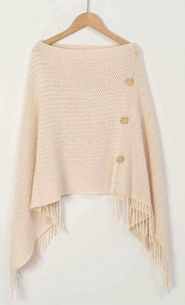 Women's Knitted Poncho Sweater V-Neck Button Pullover Cape with Tassels Cozy Shawl Wrap Cardigan Tops for Fall Winter - Image 3