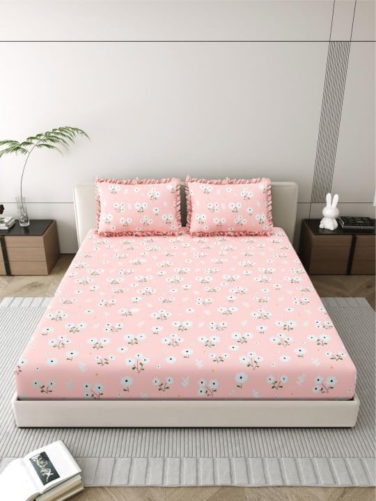 Image of 380 TC Premium Glace Cotton Elastic Fitted Bedsheet King Size with 2 Pillow Covers King Size | Double Bed with All Around Elastic (Pink Frill, Fitted - Double72x72)