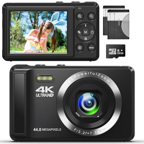 デジカメ4Kデジタルカメラ コンパクトカメラ 30FPS 44MP YouTubeカメラオートフォーカス 2.4インチ 充電式 16倍デジタルズーム 初心者向けクリスマスポケットカメラ子供用誕生日 軽量 携帯便利 日本語説明書 32GBMicro SDカー