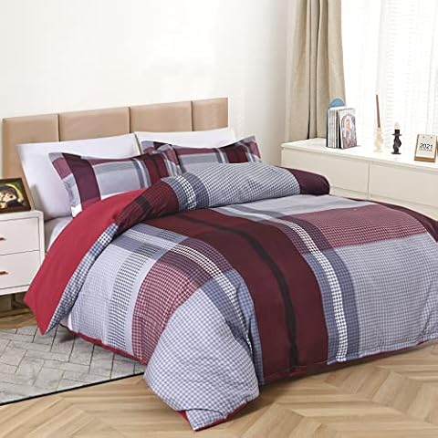Caurbed Geometric Duvet Cover Plaid Red Grey Stripe Bedding Geometric Reversible Bedding Set Soft Easy Care Geometric Modern Pattern Comforter Cover Bed Set with 2 Pillowcases (Double, Red) Cover