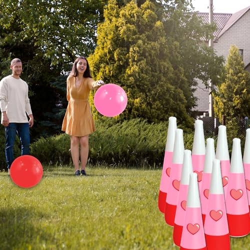 Quasynel 12 Pcs Valentine\'s Day Inflatable Bowling Set - 10Pcs 21.5inch Pink Heart Pins with 2pcs 13.8inch Red and Pink Bowling Balls Indoor Outdoor for Valentine\'s Day Festival Party Game Supplies