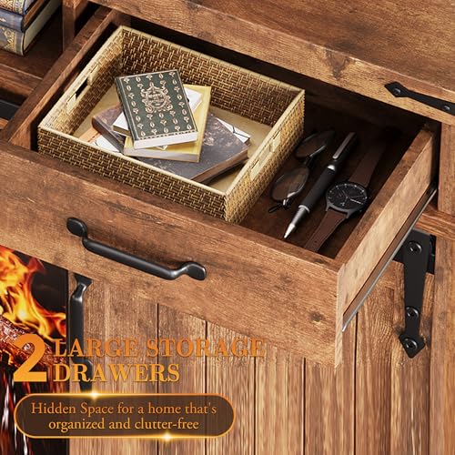 Jocoevol 58" Farmhouse Electric Fireplace TV Stand for TVs up to 65", Entertainment Center with 2 Large Storage Drawers, Sliding Barn Doors, Adjustable Shelves, TV Console for Living Room - Brown