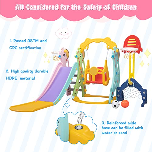 NYEEKOY 6 in 1 Toddlers Slide and Swing Set for Children Age 3-12, Freestanding Kids Slide Climber Playset Indoor Outdoor Playground with Basketball Hoop and Football Gate