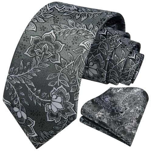 Image of HISDERN Extra Long Ties for Men Classic Floral Tie and Pocket Square Elegant Silk Necktie Handkerchief Set Wedding Party