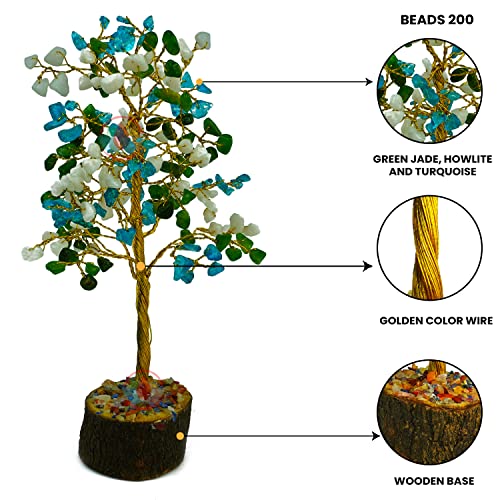 Image of REMEDYWALA Charged Energized Green Jade, Howlite and Turquoise Combination Crystal Tree for Reiki Healing, Green Jade, Howlite and Turquoise Combination Stone Tree for Good Luck 200 Beads