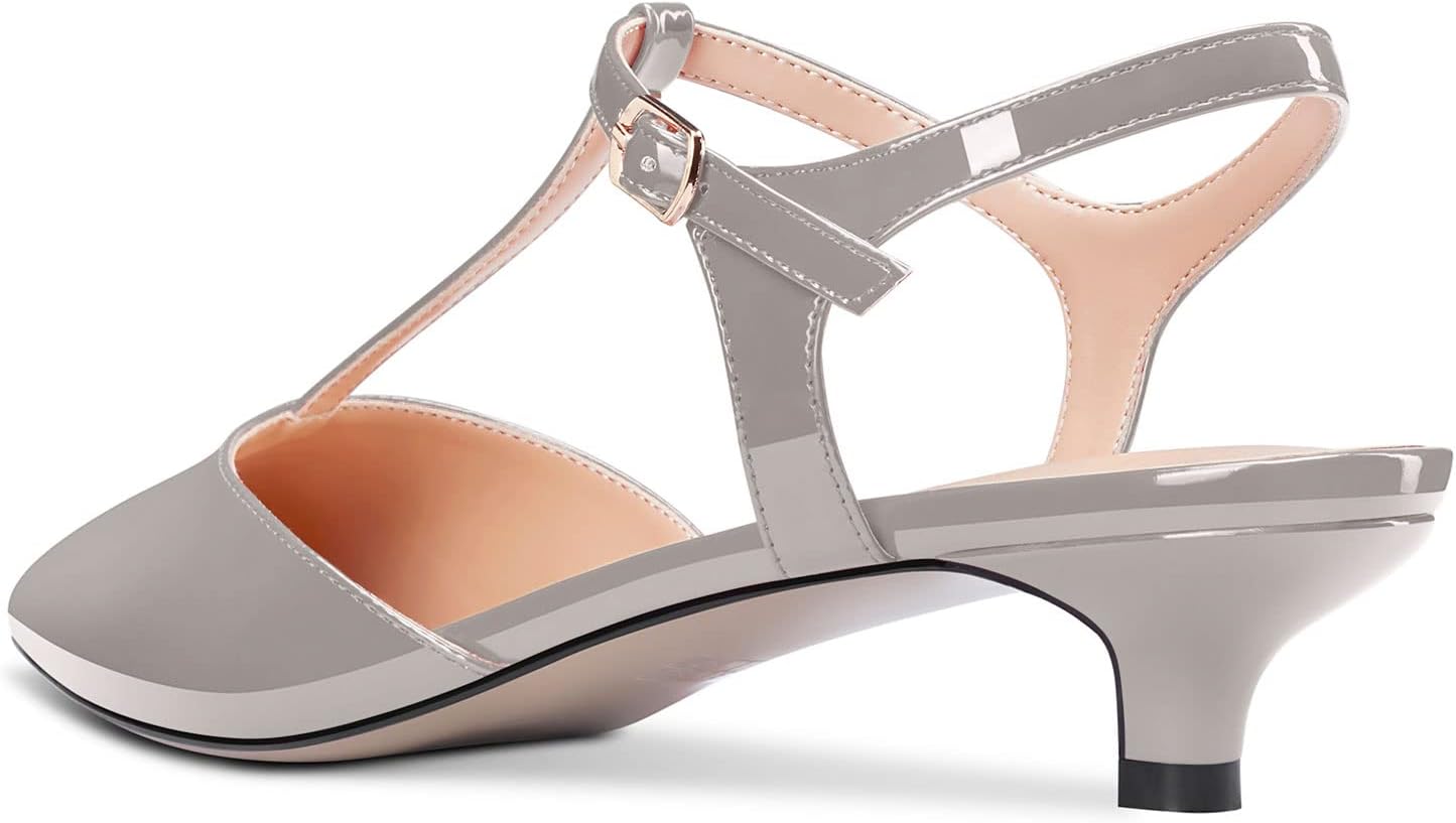 Saekcted Women Low Kitten Heel Pointed Toe T-Strap Ankle Strap Pumps Classic Cute Dress 1.4 Inches Heels