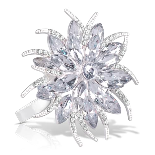 Image of Legigo Set of 12 Christmas Lotus Flower Napkin Rings Set for Dinning Table Setting- Silver Rhinestone Xmas Winter Napkin Ring Holders for Cloth Napkins, Christmas Holiday Party Dinner Table Decoration