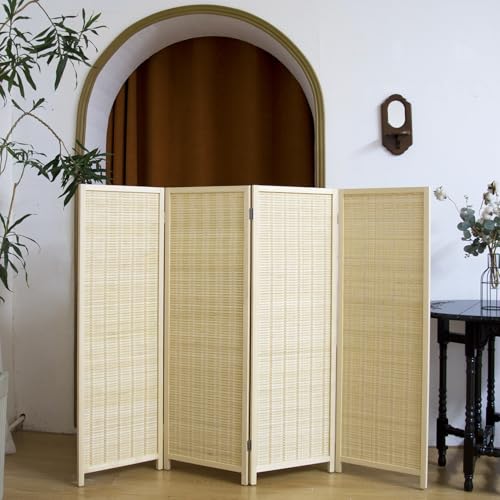 4 Panel Short Panel Divider Screen,3.95 FT Tall Bamboo Room Divider Folding Privacy Screen,Short Panel Divider Freestanding Room Divider for Room Seperation,Beige