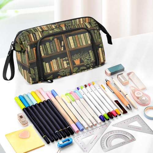 Image of Bookshelf Print Big Capacity Pencil Pen Case Large Pencil Pouch | Portable Multi Compartment Zipper Pencil Bags Stationery Storage for Men Women College Office