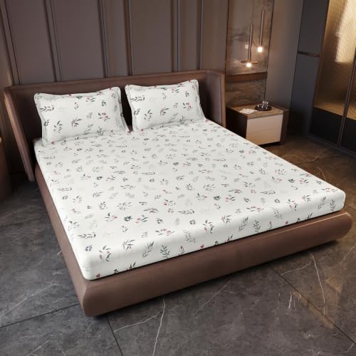 Image of Divine Casa Cotton King Size Bedsheet | 210 TC Soft Breathable Pigment Twill Satin Bed Sheet with 2 Pillow Covers | Luxury Bedding Set | 275 x 275 cm (Cream Pink, Floral)