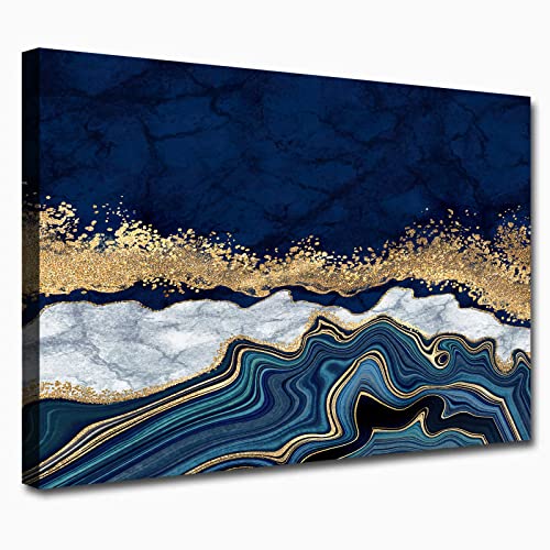Blue Abstract Canvas Wall Art Blue Marble Paintings Gold Navy Blue Picture Poster Blue Abstract Artwork Navy And Light Blue Wall Art Marble Abstract Pictures Blue Gold Wall Paintings 16X24Inch Unframed #TOP10