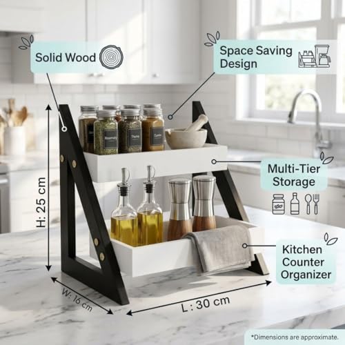 Image of Kitchen Organizer Rack - Multi-Purpose Kitchen Stand for Countertop & Cabinet Storage | Heavy-Duty Kitchen Rack Organizer for Spices, Utensils, Dishes & Pantry Items (2 Tier Black)
