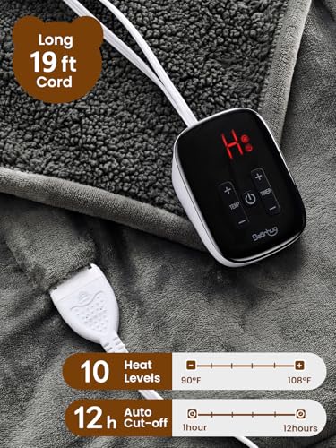 Image of Bearhug Electric Blanket Full Size, 90F-108F Fast Heating Throw with 10 Heat Levels & 1-12H Auto Shut-Off, Machine Washable Soft Velvet and Sherpa Heated Blanket for Bed or Couch, Gray