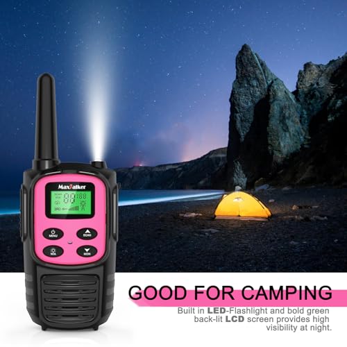 Image of MaxTalker Walkie Talkies Long Range for Adult, MT10 Rechargeable Walkie Talkies FRS Two Way Radio, NOAA, 1200mAh Li-ion Battery USB-C Cable, LED Flashlight,VOX Walkie Talkie for Camping 2Pack (Pink)
