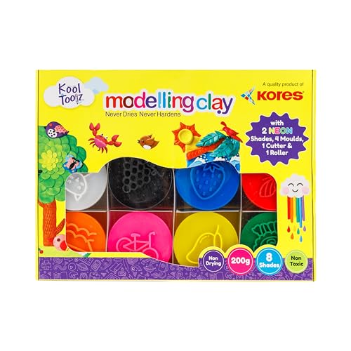 Image of Kores Kool Toolz Modelling Clay - 200 g | 8 Vibrant Shades Including 2 Neon Colors | 4 Moulds, 1 Roller & 1 Cutter | Soft, Reusable & Non-Toxic | Ideal for Kids 3+ | Perfect Return Gift & Craft Kit