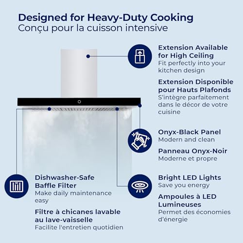 Image of Hauslane Wall Mounted Range Hood 36 Inch Wall Mount Kitchen Vent, Stainless Steel, Black Glass Panel, 3 Speed Touch Control, Baffle Filter Vented or Ventless 6 inch Duct (‎Stainless Steel, WM-739-36 INCH)