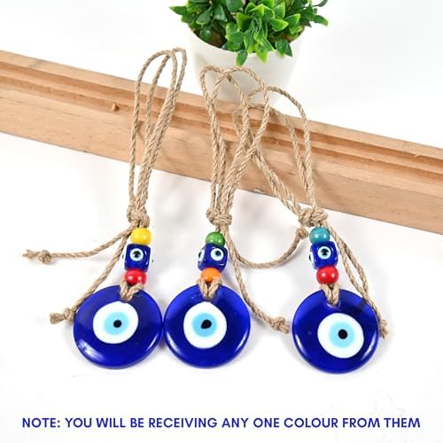 Image of Handmade Turkish Evil Eye Blue Glass Hanging for Good Luck Prosperity Zodiac Success Health Wealth Office Home Decor & Car (Multi Blue)