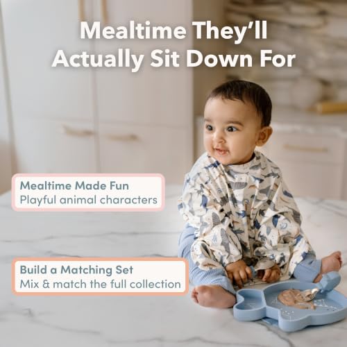 Image of Loulou Lollipop Baby Suction Plate, Fork and Spoon Feeding Set, Llama | Divided self-feeding plate plus chunky-grip stainless steel fork and spoon; made from food-grade silicone, BPA and PVC free