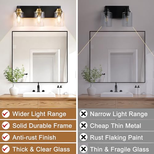 Image of Black and Gold Bathroom Light Fixture, 3 Light Brushed Gold Vanity Light, 18.8 inch Modern Farmhouse Bathroom Lighting Fixtures Over Mirror, with Clear Glass Shade, Vanity Lights for Bedroom Hallway
