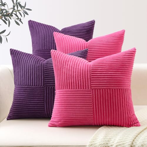 Sungeek Set di 4 federe decorative per cuscini, 45 x 45 cm, in velluto a coste, con cerniera invisibile, per divano, soggiorno, camera da letto, colore: rosa acceso, viola, mix and match per la