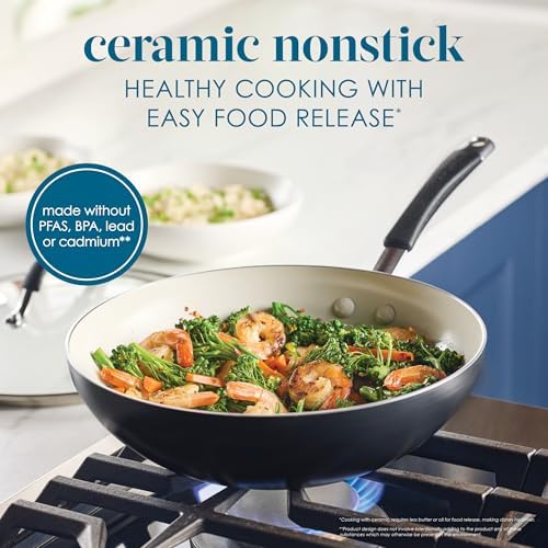 Rachael Ray Cucina Ceramic Nonstick Stir Fry Pan and Lid, 11 Inch Non Stick Wok Pan, Dishwasher Safe - Peppercorn - Thumbnail 3