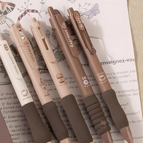 WISHKEY Coffee Theme Kawaii Japanese Stationery Items - 0.5mm Retractable Blue Ink Gel Pens Set of 5, Cute Pen for School, College Teenagers, Aesthetic Office Use