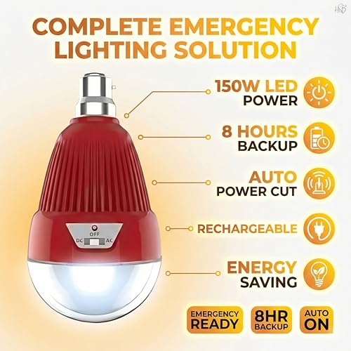 Image of Drumstone Rechargeable 150W LED Emergency Bulb with Up to 8 Hours Power Backup, Automatic Power Cut Lighting, Energy Saving Long-Lasting Bulb for Indoor Home Use