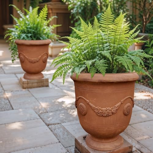 Worth Garden Large Urn Planter - 14\" Dia x 16.5\" H Lightweight Magnesium Oxide Plant Pot with Cement Texture - Rust-Like Finish Concrete Urn Planter with Drainage Hole for Indoor & Outdoor Decor