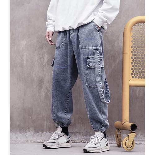 Men's High Street Multi Pocket Cargo Denim Casual Pants Drawstring Pants with Streamers Mens Baggy Blue Trousers2