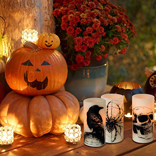 Image of Wondise Halloween Flickering Flameless Candles with 6hrs Timer, Battery Operated LED Real Wax Candles Set of 3 Skull, Spider Web, Crow Raven Decals Halloween Home Decoration Gifts(3 x 3 x 6 Inch)