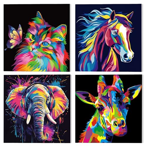 NAIMOER 4 Pièces Peinture par Numero avec Cadre Animaux Adulte Enfants, 8-12 ans Painting by Numbers, Pinceaux et Peintures Acryliques Cadeaux 20x20cm(Chat, Chevaux,...