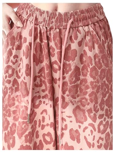 SweatyRocks Women's Leopard Print Pants High Waist Straight Leg Pants Casual Loose with Pockets3