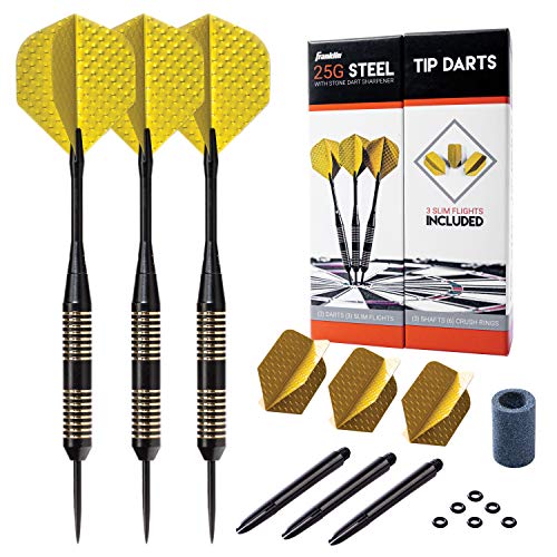 Franklin Sports 25Gram Steel Tip Dart Set - Game Room Ready with Standard Flights, Slim Flights, Stone Sharpener, Nylon and Aluminum Saft - Perfect for Family Game Room Fun with Friends