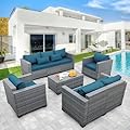 Lviden 5 Piece Wicker Patio Furniture Sets Outdoor Conversation Set, PE Rattan Sectional Sofa Couch with Storage Table and Non-Slip Peacock Blue Cushions, Furniture Covers Included