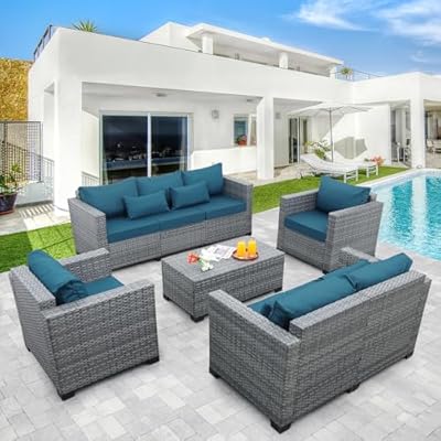 Lviden 5 Piece Wicker Patio Furniture Sets Outdoor Conversation Set, PE Rattan Sectional Sofa Couch with Storage Table and Non-Slip Peacock Blue Cushions, Furniture Covers Included